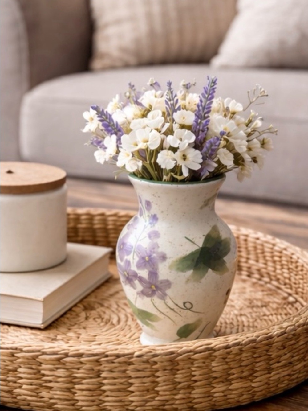 Floral Ceramic Vase - Cream and Purple